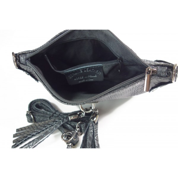 Skórzana listonoszka włoska, wężowa skórka, frędzelki, czarna LP149N 5 Skórzana listonoszka włoska, wężowa skórka, frędzelki, czarna LP149N - obrazek 5