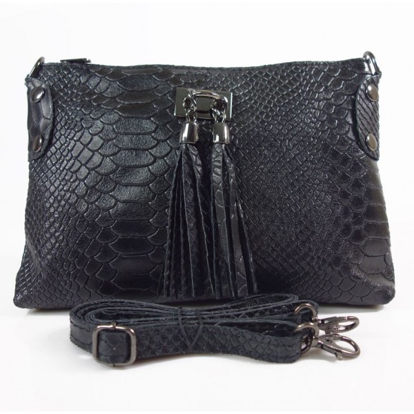 Skórzana listonoszka włoska, wężowa skórka, frędzelki, czarna LP149N 1 Skórzana listonoszka Czarna LP149N