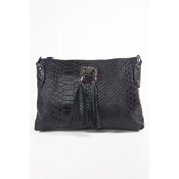 Skórzana listonoszka włoska, wężowa skórka, frędzelki, czarna LP149N 2 Skórzana listonoszka włoska, wężowa skórka, frędzelki, czarna LP149N - obrazek 2