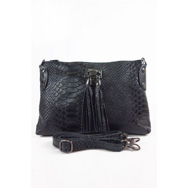 Skórzana listonoszka włoska, wężowa skórka, frędzelki, czarna LP149N 3 Skórzana listonoszka włoska, wężowa skórka, frędzelki, czarna LP149N - obrazek 3