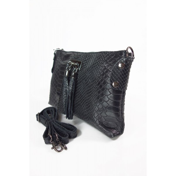 Skórzana listonoszka włoska, wężowa skórka, frędzelki, czarna LP149N 4 Skórzana listonoszka włoska, wężowa skórka, frędzelki, czarna LP149N - obrazek 4