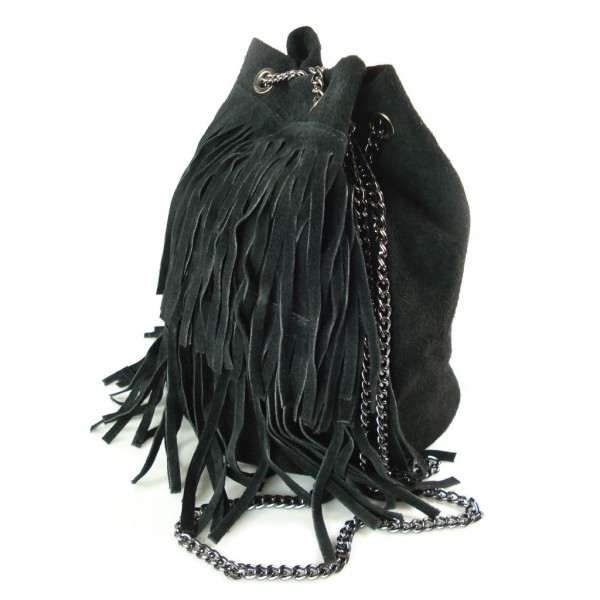 Zamszowa listonoszka worek frędzle włoska skórzana czarna WL45N 2 Zamszowa listonoszka worek frędzle włoska skórzana czarna WL45N - obrazek 2