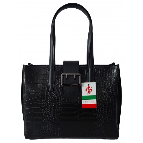 Duża włoska torba ,kuferek A4 skóra motyw krokodyla Vera Pelle , Czarna VP645N 1 Torebka skórzana VERA PELLE kolor Czarna