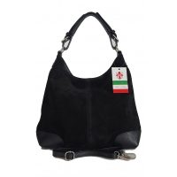 Skórzany Włoski worek ,torba na ramię Vera Pelle miękki zamsz ,pojemna Czarna VORX33N