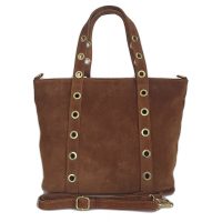 Skórzany Włoski worek ,torba na ramię Vera Pelle miękki zamsz złote dżety-kółka, pojemna A4 Camel  WZK25C