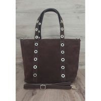 Skórzany Włoski worek ,torba na ramię Vera Pelle miękki zamsz złote dżety-kółka, pojemna A4 Brąz WZK25M