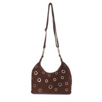 Włoska duża zamszowa listonoszka, nerka Vera Pelle złote okucia kółka Camel LZK25C