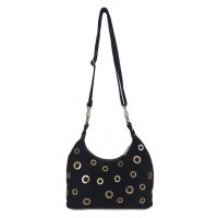 Włoska duża zamszowa listonoszka, nerka Vera Pelle złote okucia kółka Czarna LZK25N