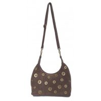 Włoska duża zamszowa listonoszka, nerka Vera Pelle złote okucia kółka Beżowa LZK25T